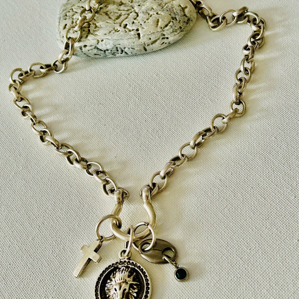 Silver Charm Necklace with Lion and Cross Pendants - Picture 8 of 10